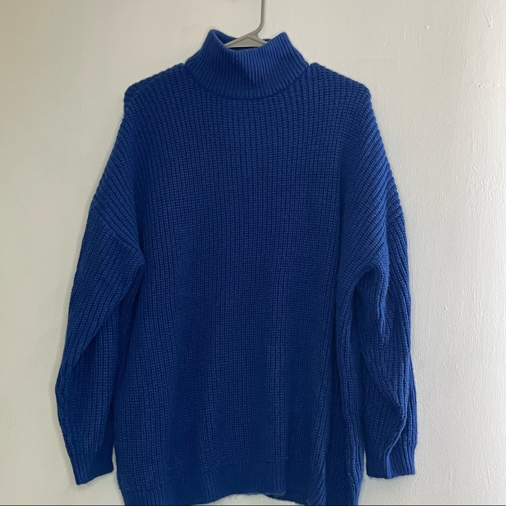 ROYAL BRIGHT BLUE HIGH COLLAR LONG SWEATER